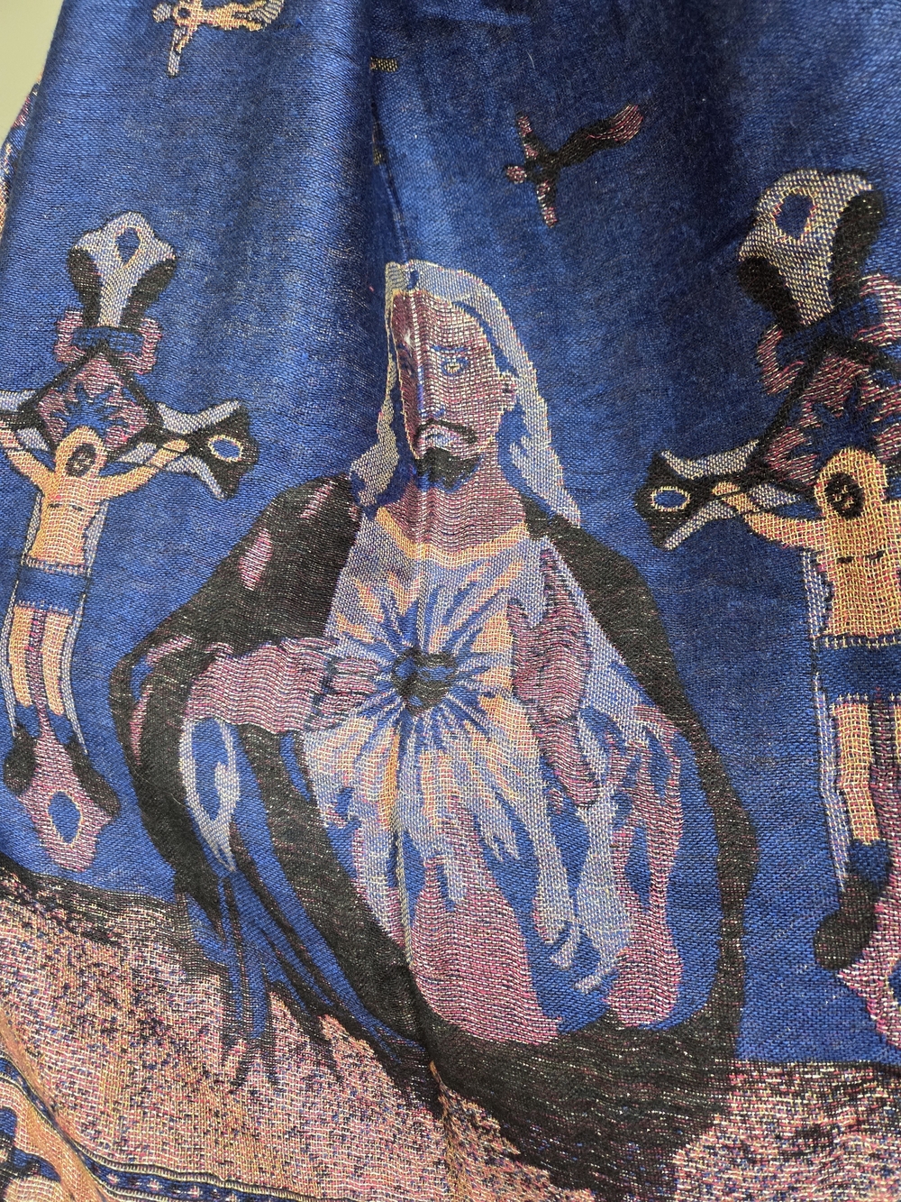 Religous Blue Pashmina & Silk Shawl, Scarf with Gold Trim - Picture 4 of 8
